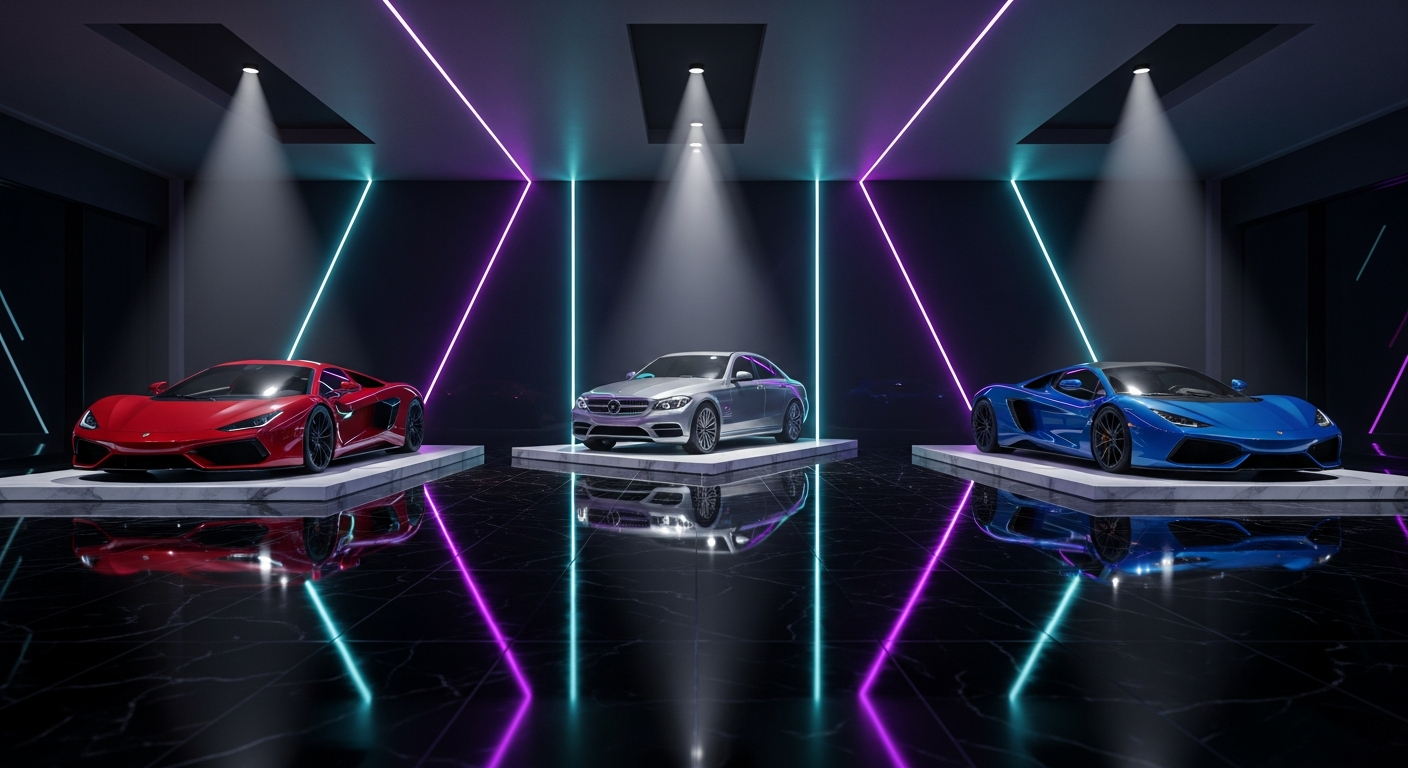 Three cars displayed in a neon Dealer King showroom