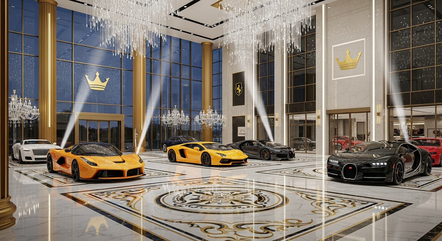 The illuminated Dealer King Palace dealership